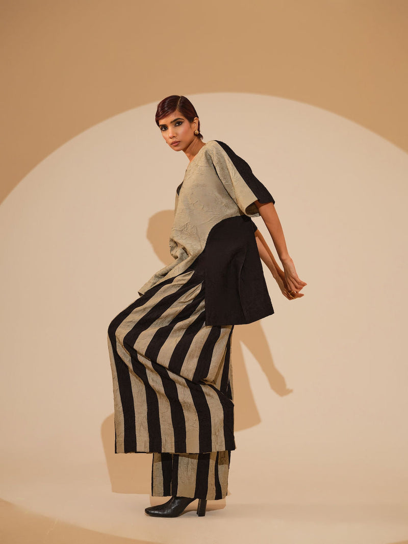 Twin Pants-Taupe + Black crushed silk pant/trouser by Stoique in taupe, black for women in Singapore