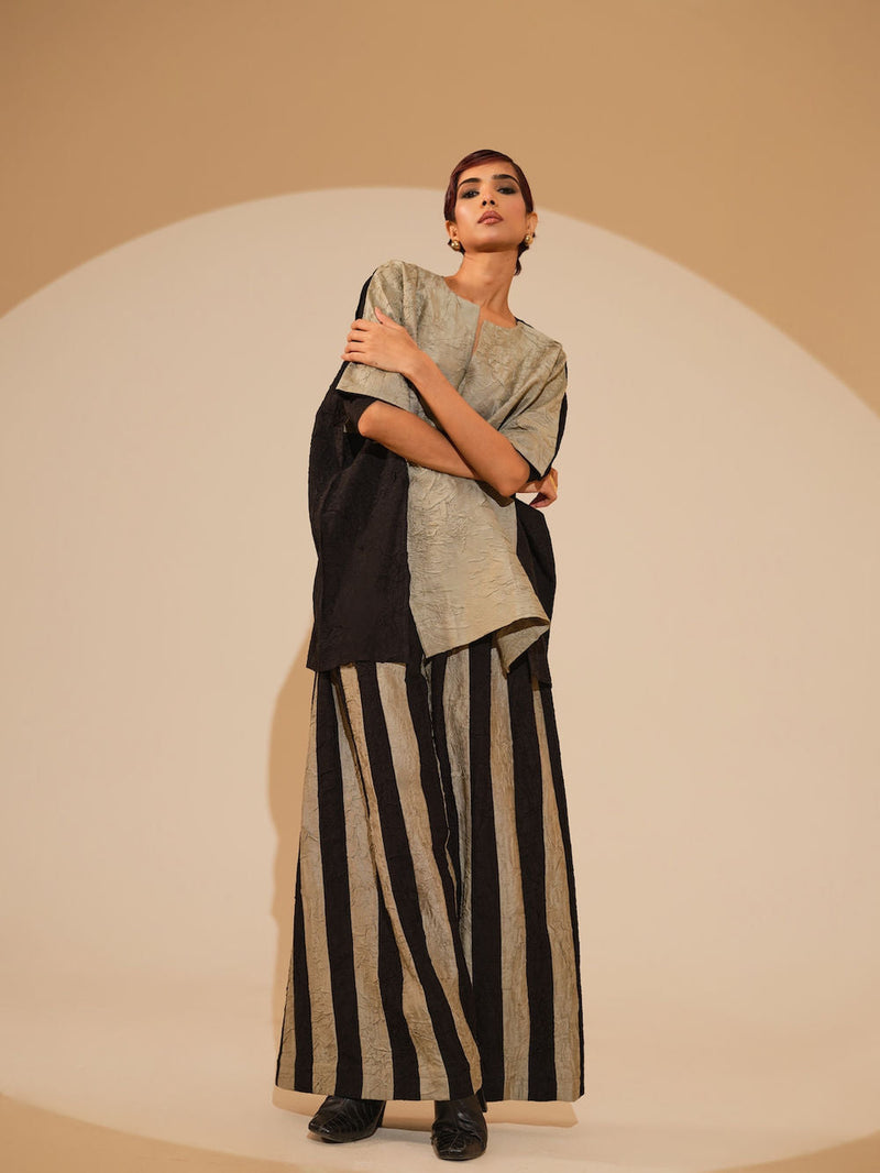 Earthy Top-Taupe + Black crushed silk top/shirt by Stoique in taupe, black for women in Singapore