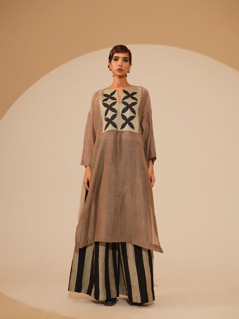 Pebble Tunic-Taupe + Black cotton chanderi tunics/kaftan by Stoique in taupe, black for women in Singapore