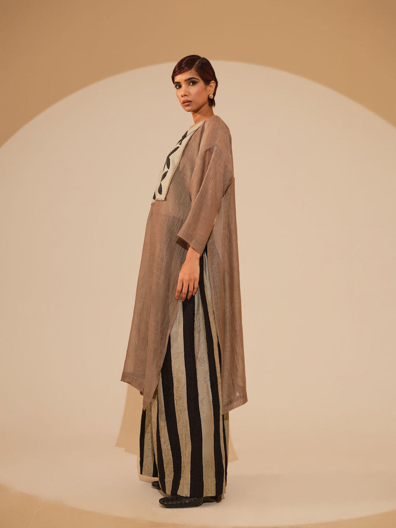 Pebble Tunic-Taupe + Black cotton chanderi tunics/kaftan by Stoique in taupe, black for women in Singapore