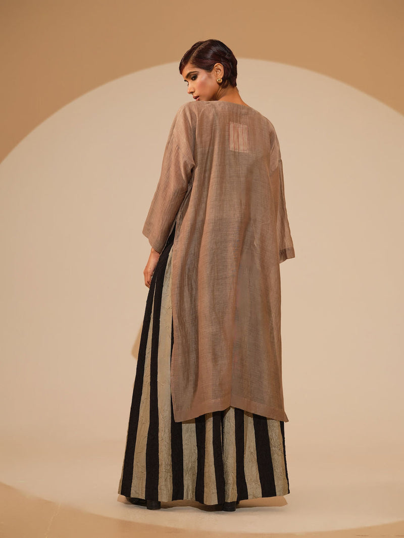 Pebble Tunic-Taupe + Black cotton chanderi tunics/kaftan by Stoique in taupe, black for women in Singapore