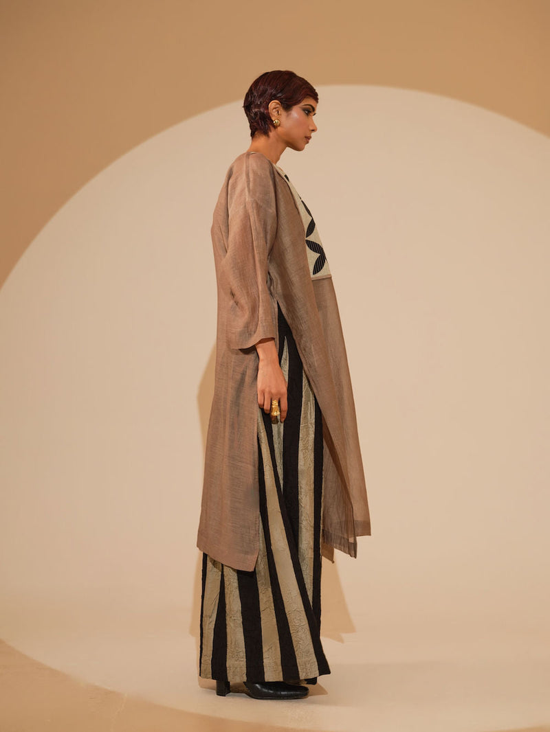 Pebble Tunic-Taupe + Black cotton chanderi tunics/kaftan by Stoique in taupe, black for women in Singapore