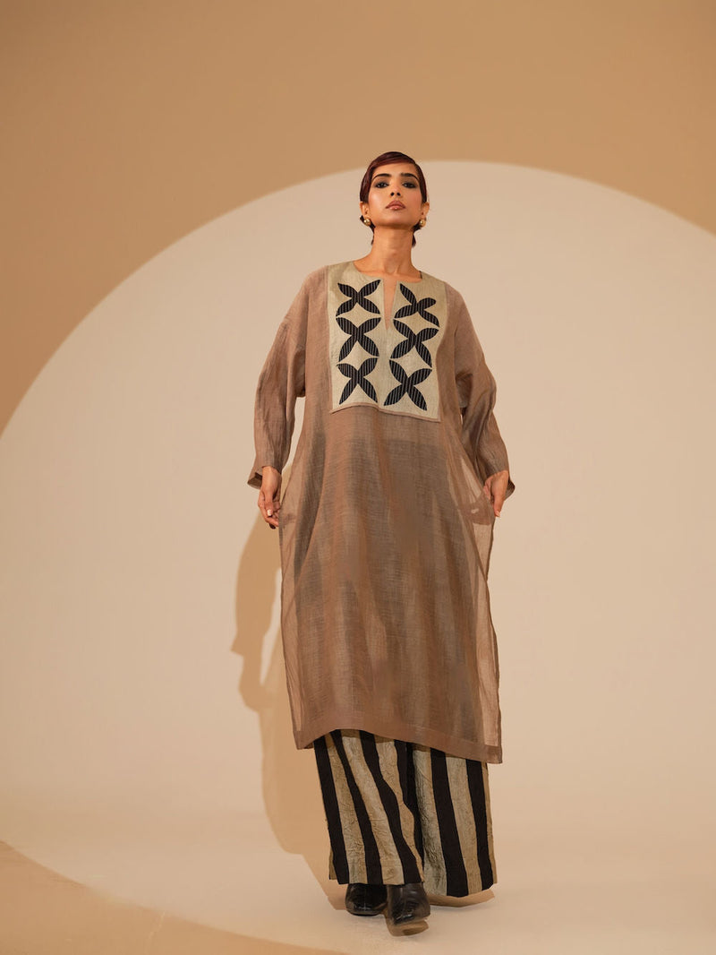 Pebble Tunic-Taupe + Black cotton chanderi tunics/kaftan by Stoique in taupe, black for women in Singapore