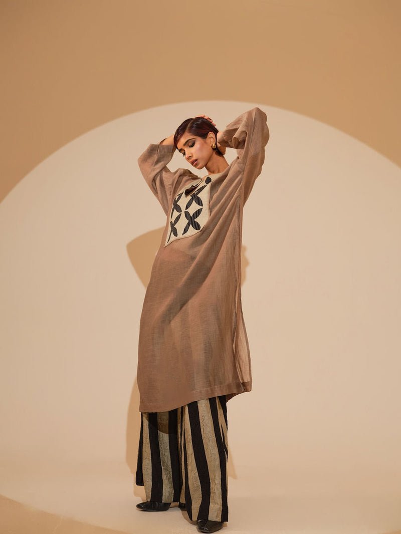 Pebble Tunic-Taupe + Black cotton chanderi tunics/kaftan by Stoique in taupe, black for women in Singapore