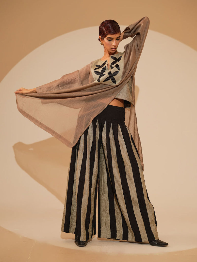 Pebble Tunic-Taupe + Black cotton chanderi tunics/kaftan by Stoique in taupe, black for women in Singapore