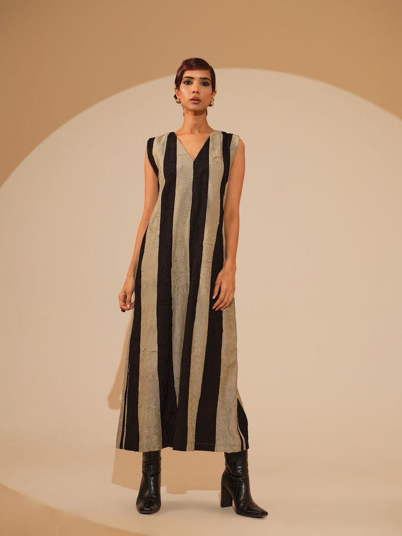Twin Dress-Taupe + Black crushed silk dress by Stoique in taupe, black for women in Singapore