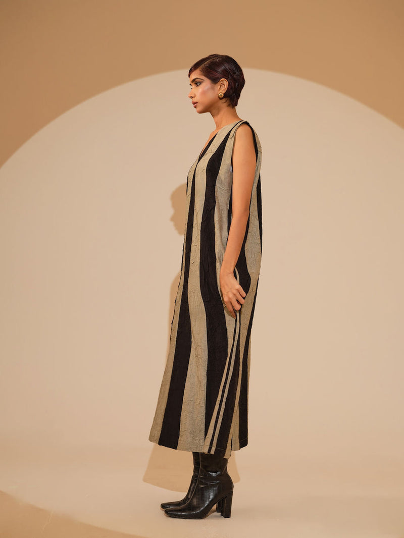 Twin Dress-Taupe + Black crushed silk dress by Stoique in taupe, black for women in Singapore