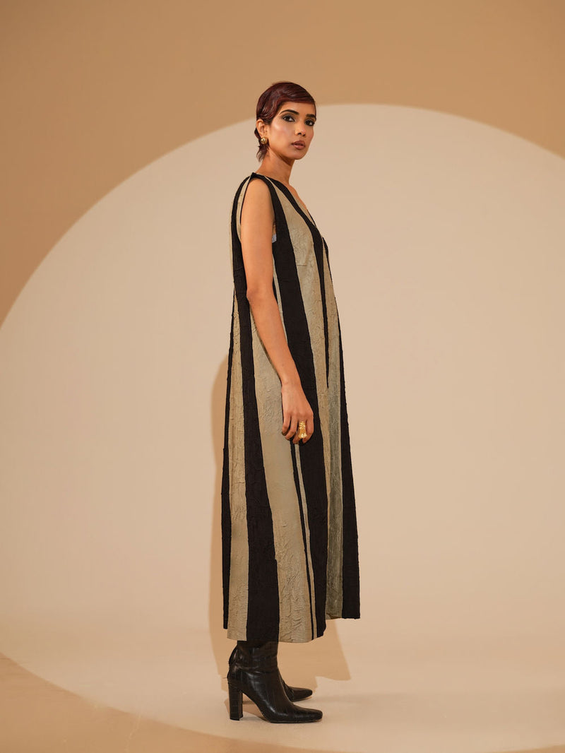 Twin Dress-Taupe + Black crushed silk dress by Stoique in taupe, black for women in Singapore