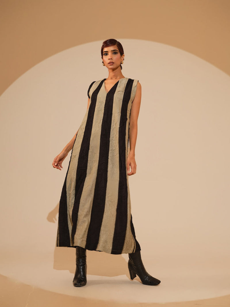 Twin Dress-Taupe + Black crushed silk dress by Stoique in taupe, black for women in Singapore
