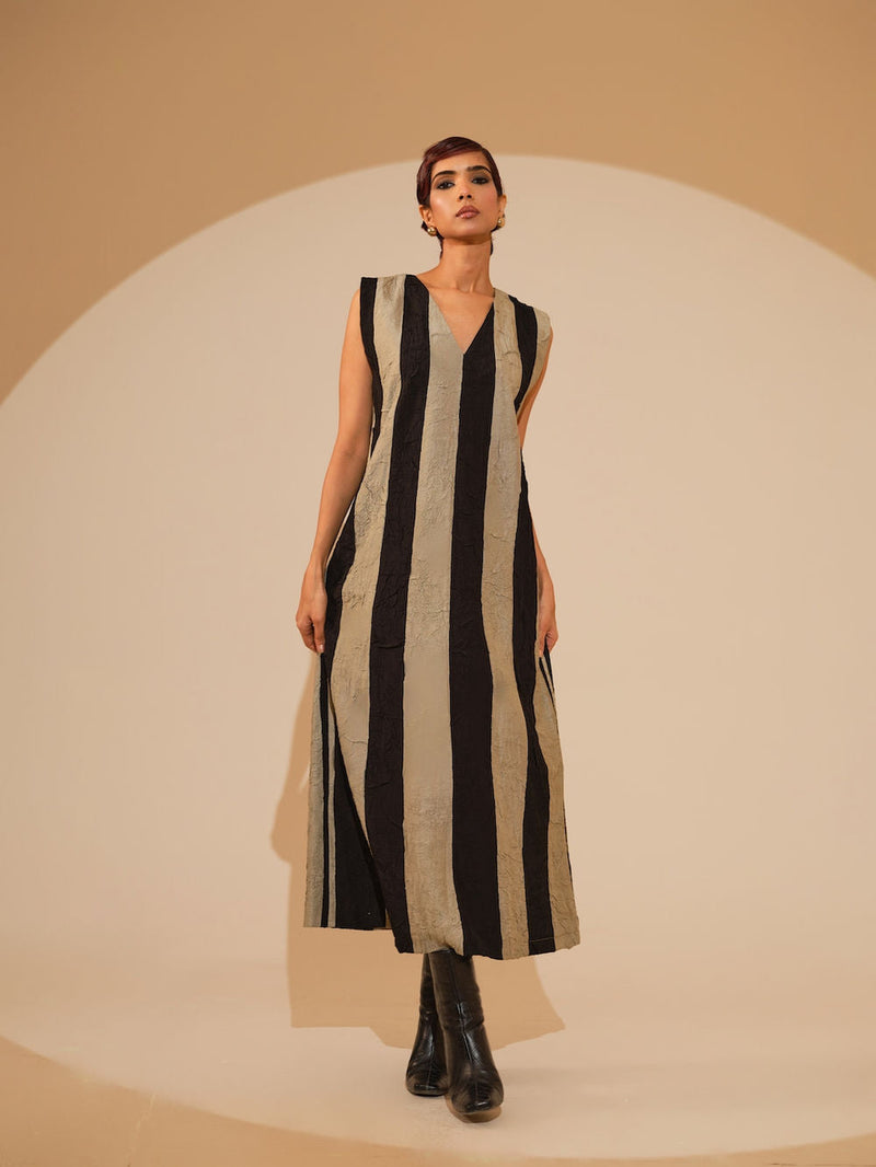 Twin Dress-Taupe + Black crushed silk dress by Stoique in taupe, black for women in Singapore