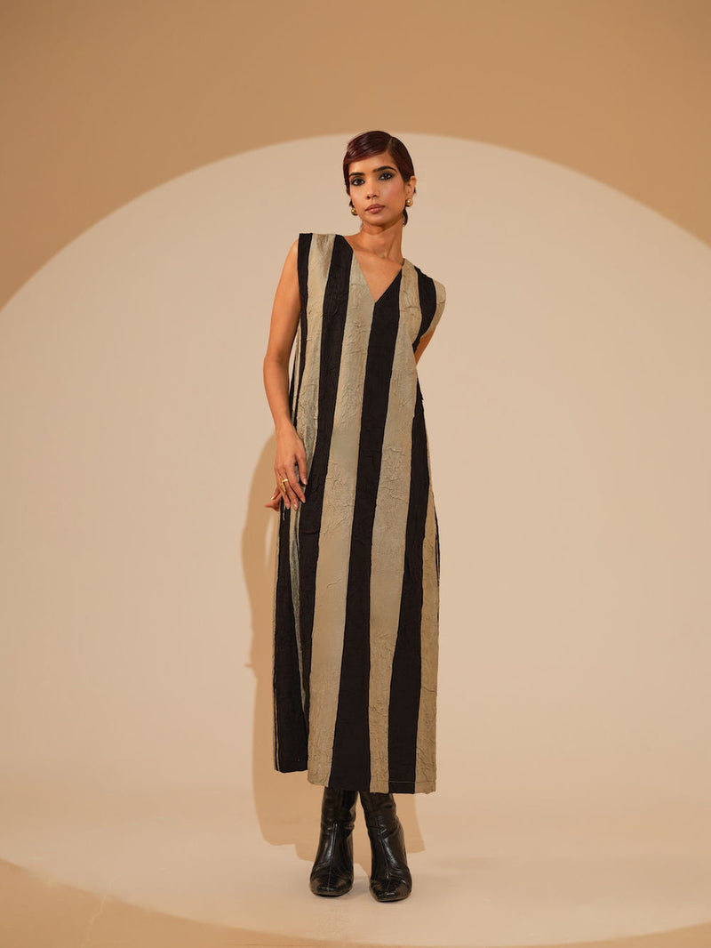Twin Dress-Taupe + Black crushed silk dress by Stoique in taupe, black for women in Singapore