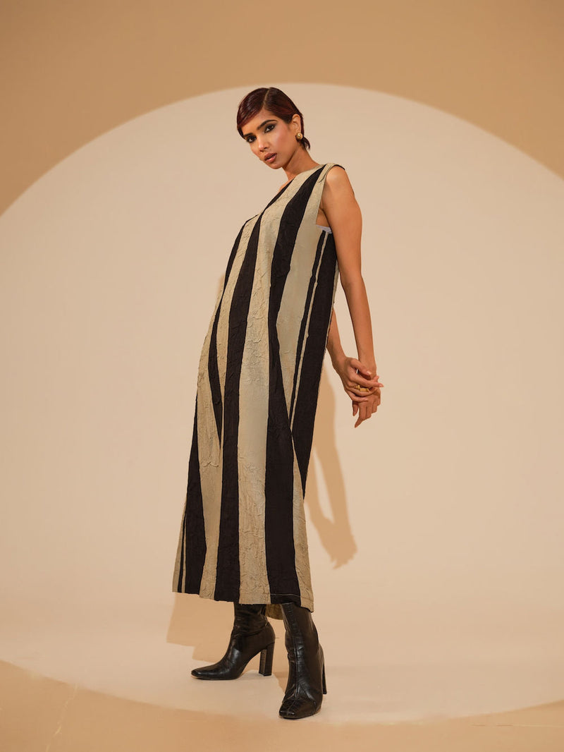 Twin Dress-Taupe + Black crushed silk dress by Stoique in taupe, black for women in Singapore
