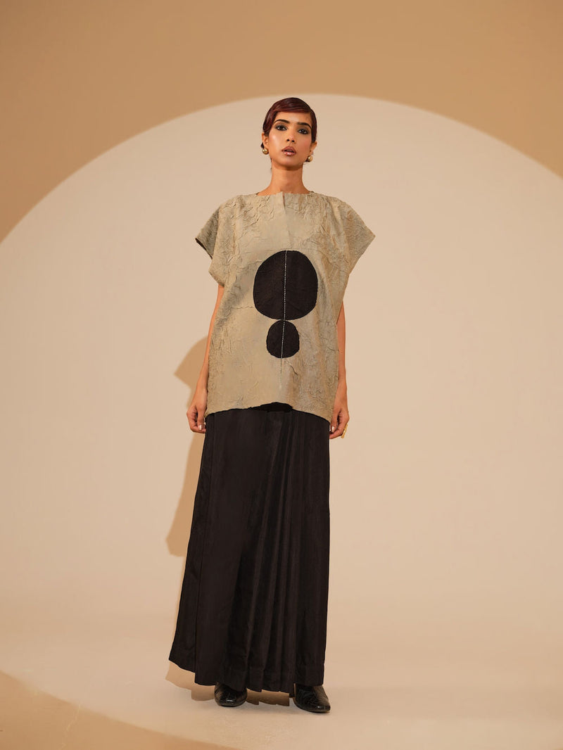 Lane Top-Taupe + Black crushed silk top/shirt by Stoique in taupe, black for women in Singapore