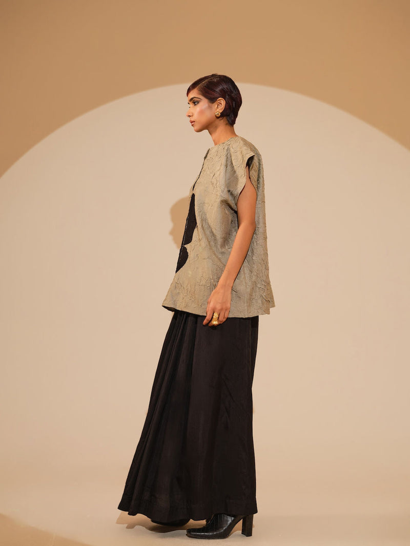 Lane Top-Taupe + Black crushed silk top/shirt by Stoique in taupe, black for women in Singapore