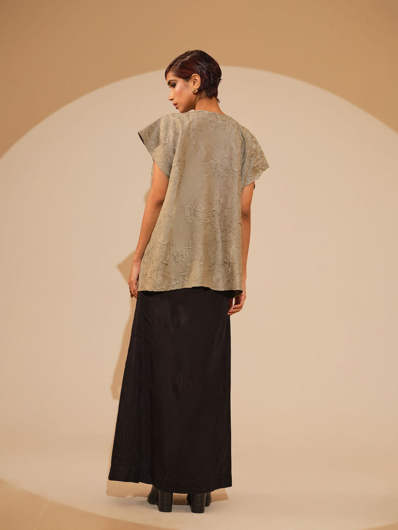 Lane Top-Taupe + Black crushed silk top/shirt by Stoique in taupe, black for women in Singapore