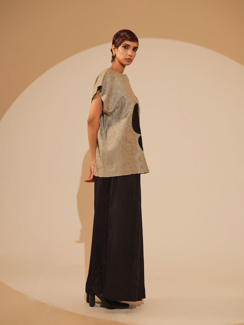 Lane Top-Taupe + Black crushed silk top/shirt by Stoique in taupe, black for women in Singapore