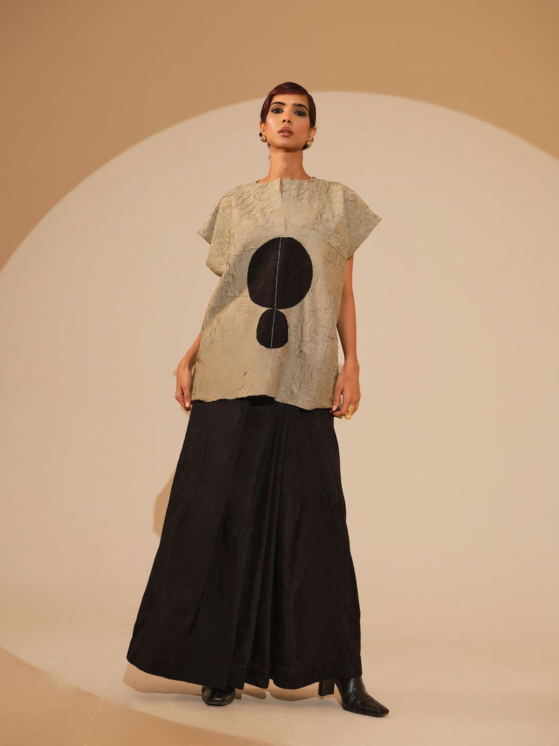 Lane Top-Taupe + Black crushed silk top/shirt by Stoique in taupe, black for women in Singapore