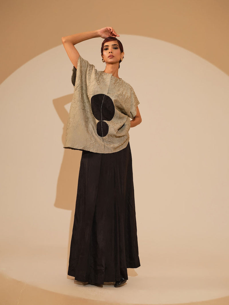 Lane Top-Taupe + Black crushed silk top/shirt by Stoique in taupe, black for women in Singapore