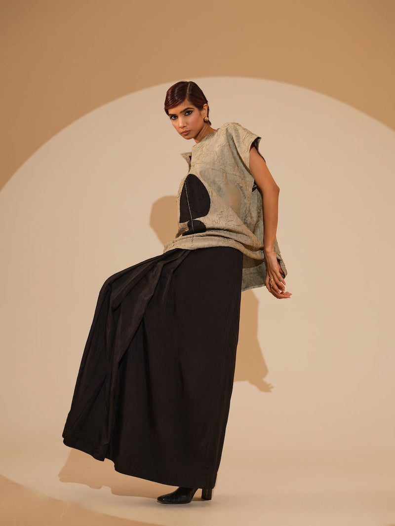 Lane Top-Taupe + Black crushed silk top/shirt by Stoique in taupe, black for women in Singapore