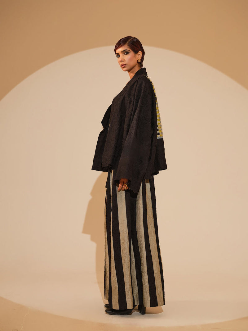 Bloom Overlay-Black + Multi crushed silk jacket/overlay by Stoique in black, multi for women in Singapore