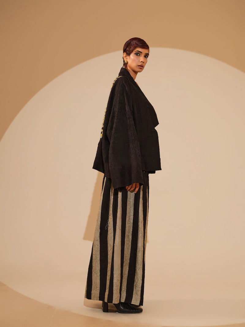 Bloom Overlay-Black + Multi crushed silk jacket/overlay by Stoique in black, multi for women in Singapore