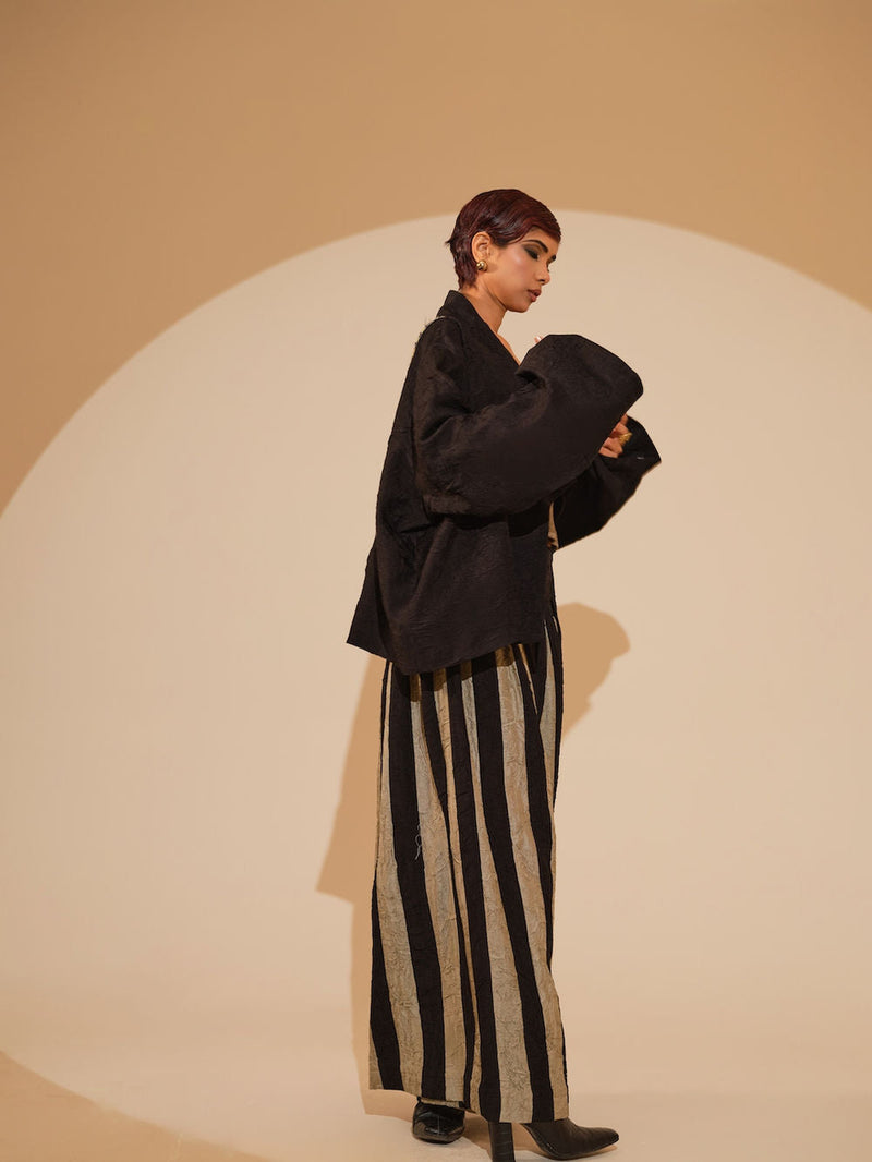 Bloom Overlay-Black + Multi crushed silk jacket/overlay by Stoique in black, multi for women in Singapore