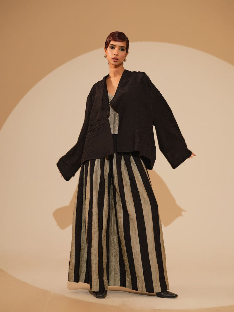 Bloom Overlay-Black + Multi crushed silk jacket/overlay by Stoique in black, multi for women in Singapore