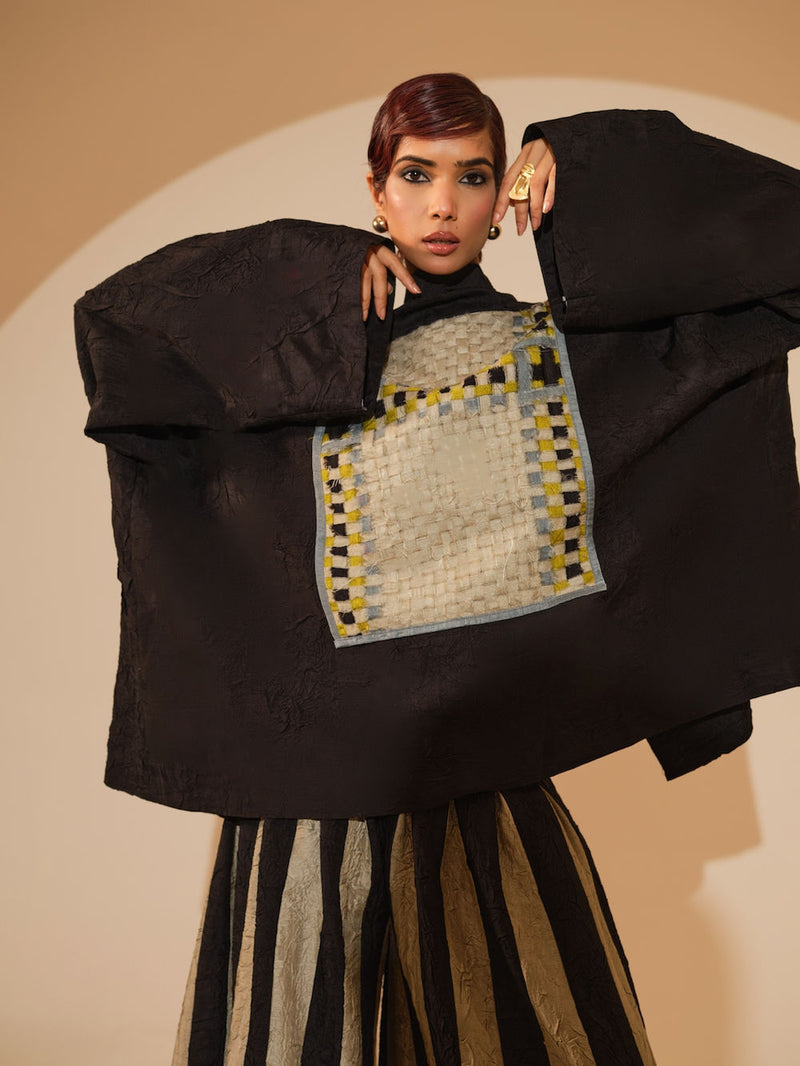 Bloom Overlay-Black + Multi crushed silk jacket/overlay by Stoique in black, multi for women in Singapore