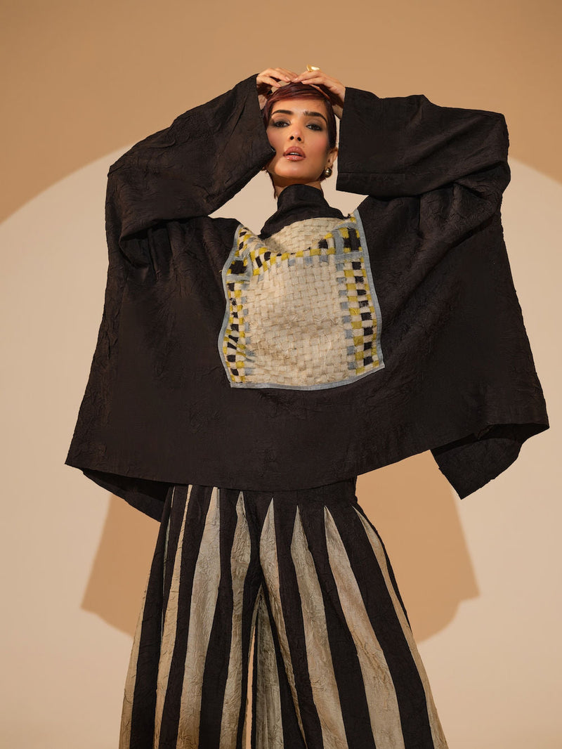 Bloom Overlay-Black + Multi crushed silk jacket/overlay by Stoique in black, multi for women in Singapore