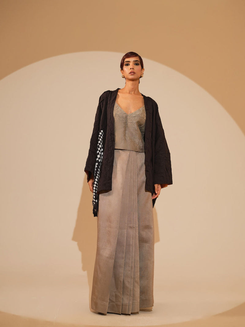 Eclipse Overlay-Black + Natural crushed cotton jacket/overlay by Stoique in black, natural for women in Singapore