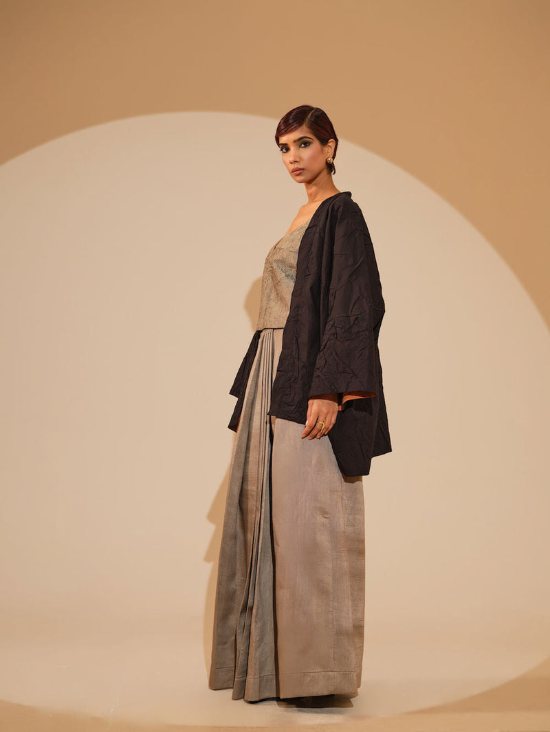 Eclipse Overlay-Black + Natural crushed cotton jacket/overlay by Stoique in black, natural for women in Singapore