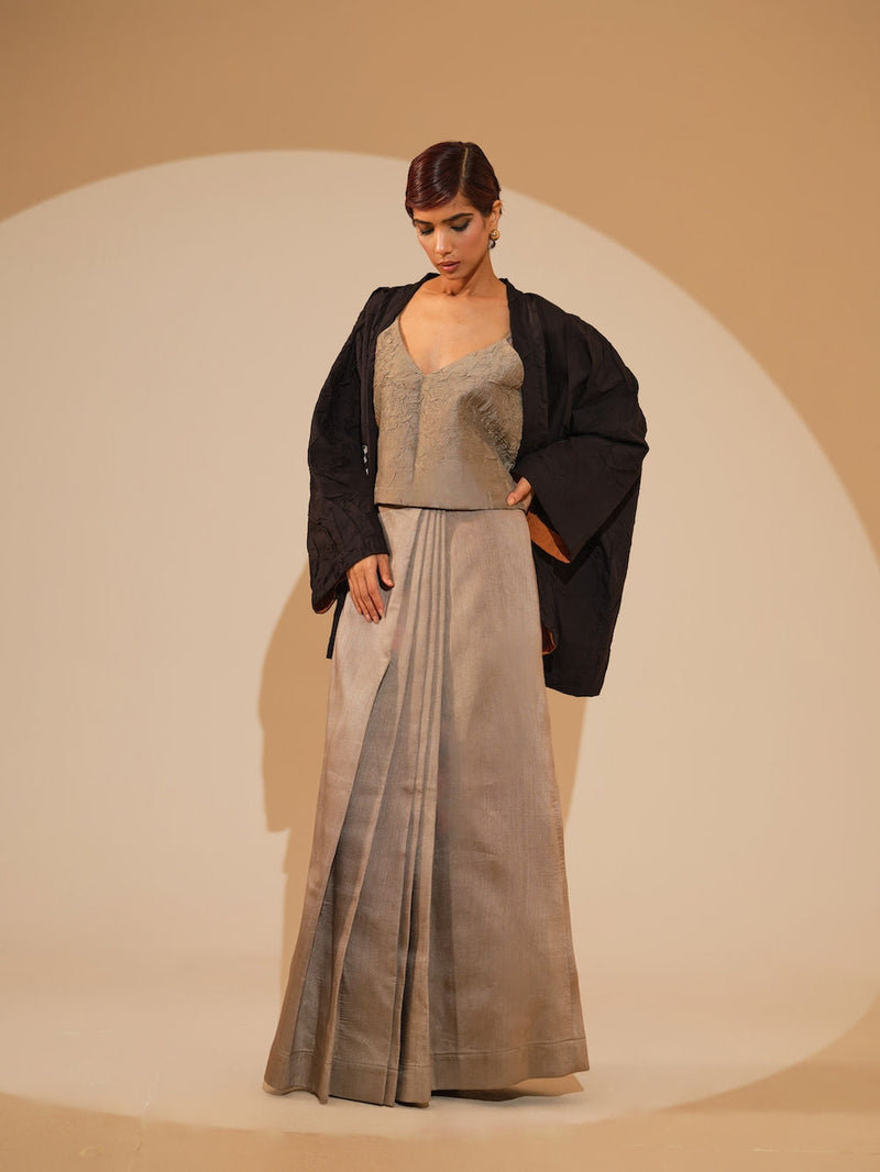 Eclipse Overlay-Black + Natural crushed cotton jacket/overlay by Stoique in black, natural for women in Singapore