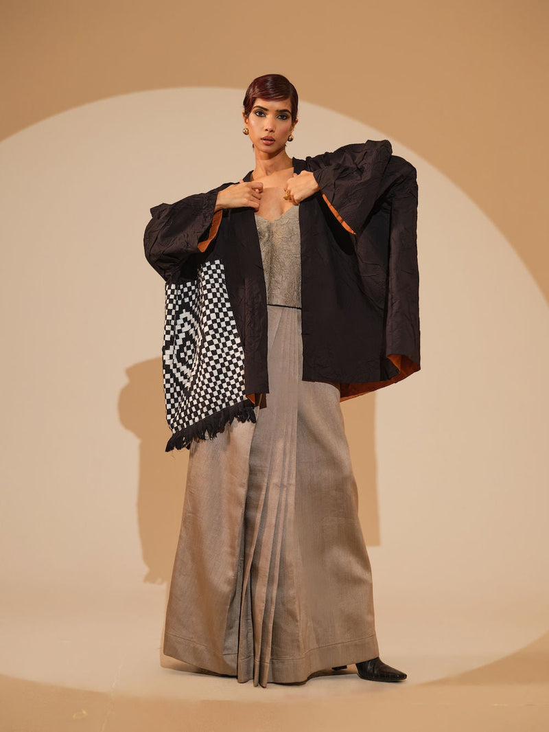 Eclipse Overlay-Black + Natural crushed cotton jacket/overlay by Stoique in black, natural for women in Singapore