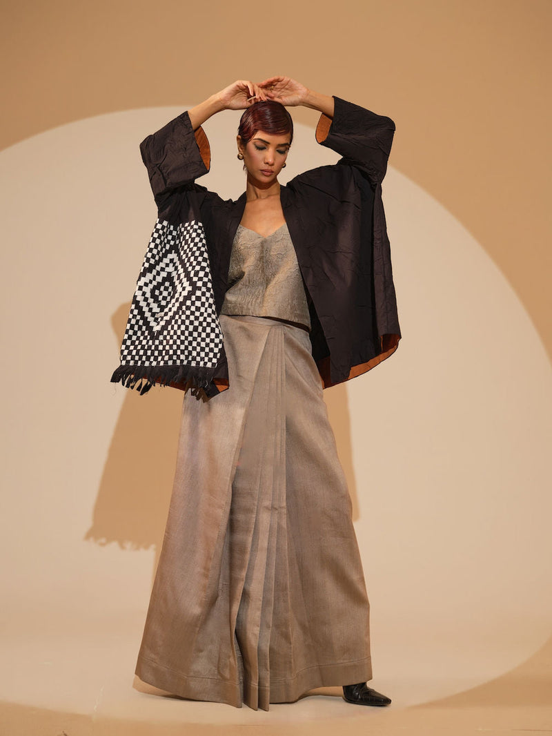 Eclipse Overlay-Black + Natural crushed cotton jacket/overlay by Stoique in black, natural for women in Singapore
