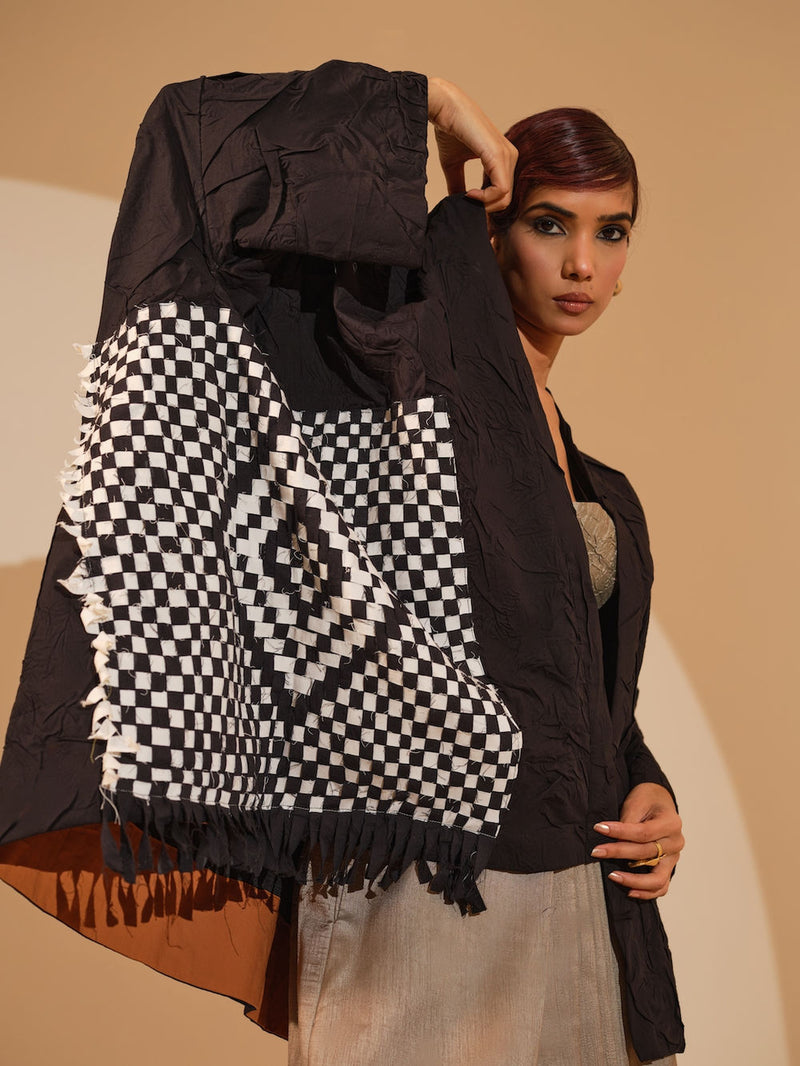 Eclipse Overlay-Black + Natural crushed cotton jacket/overlay by Stoique in black, natural for women in Singapore