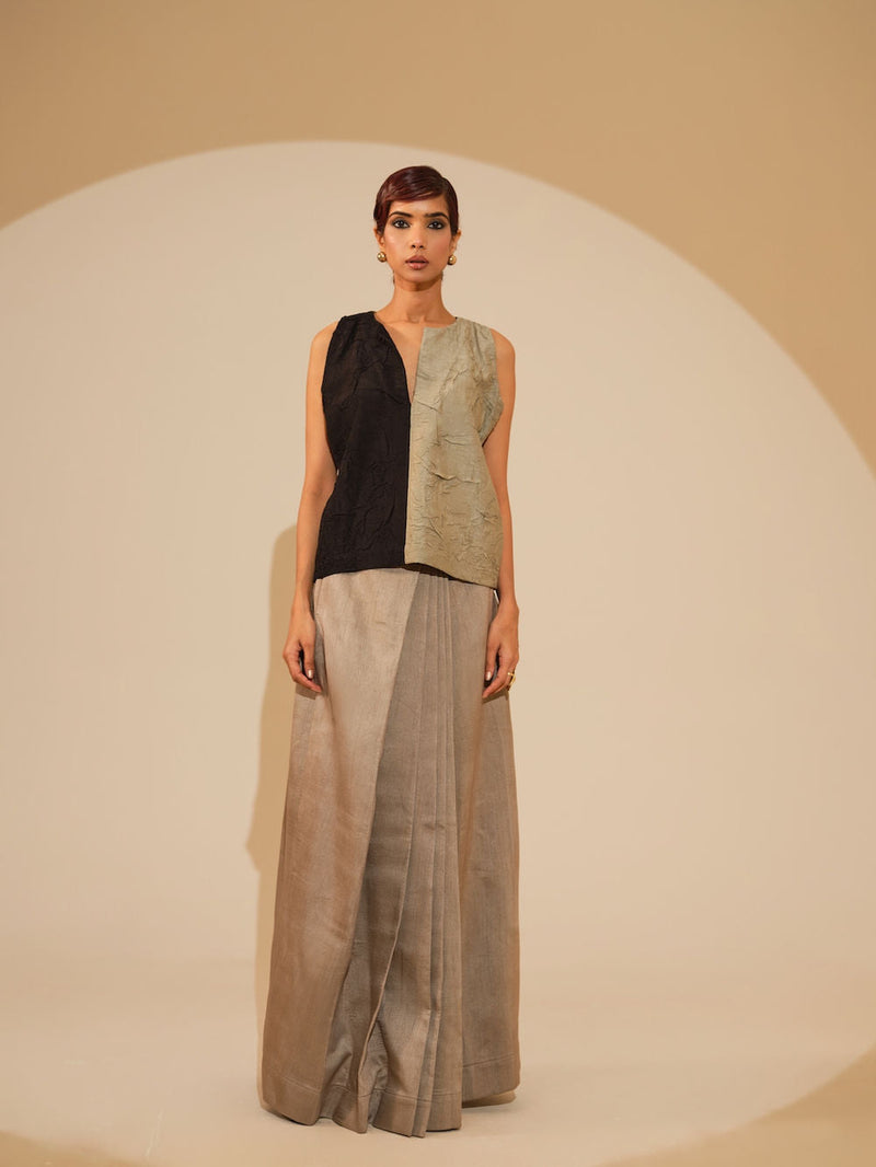 Stream CB Top-Taupe + Black crushed silk top/shirt by Stoique in taupe, black for women in Singapore