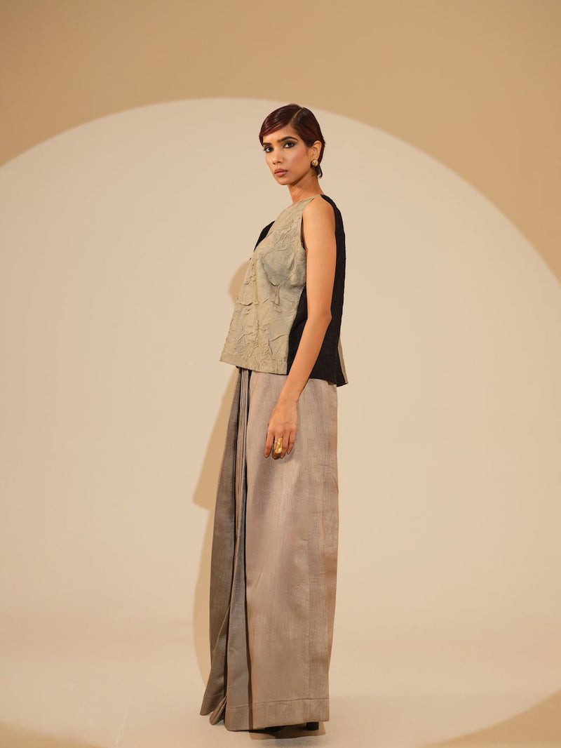 Stream CB Top-Taupe + Black crushed silk top/shirt by Stoique in taupe, black for women in Singapore