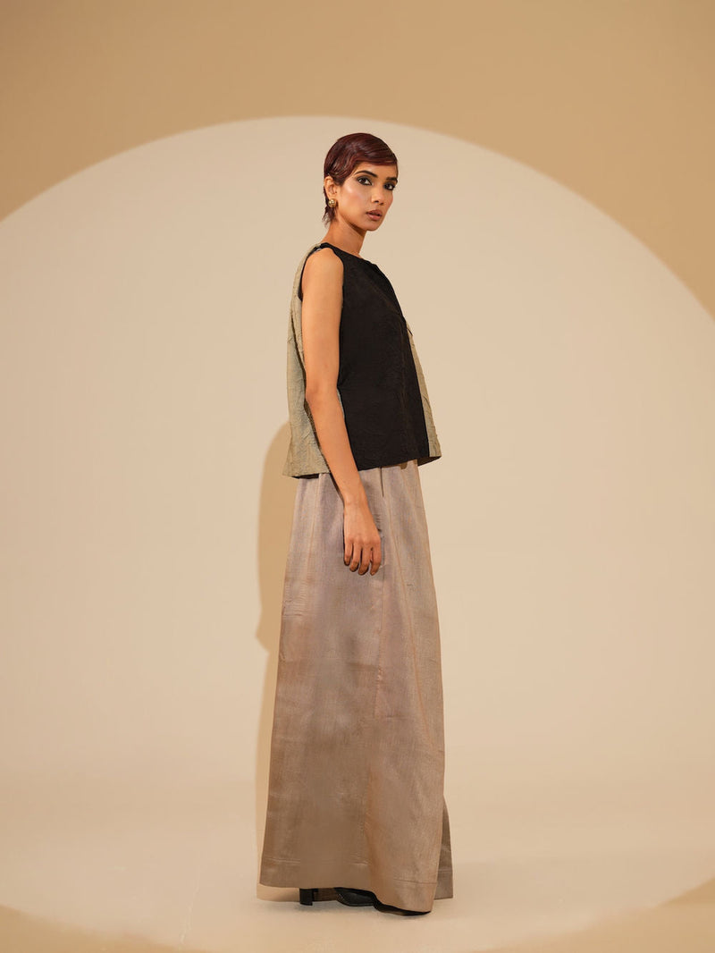 Stream CB Top-Taupe + Black crushed silk top/shirt by Stoique in taupe, black for women in Singapore