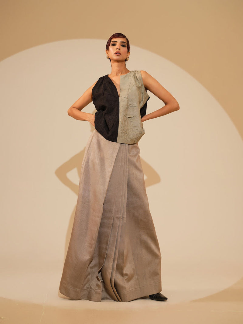Stream CB Top-Taupe + Black crushed silk top/shirt by Stoique in taupe, black for women in Singapore
