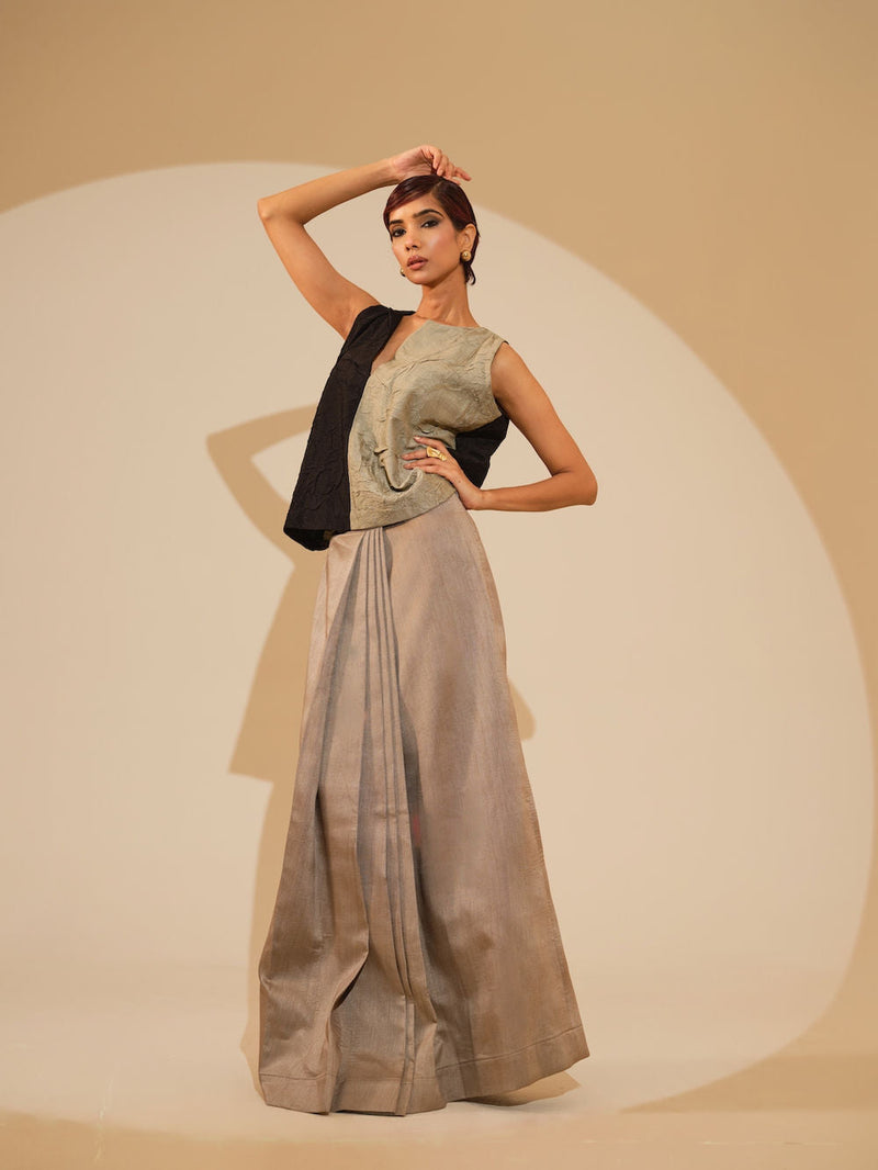 Stream CB Top-Taupe + Black crushed silk top/shirt by Stoique in taupe, black for women in Singapore