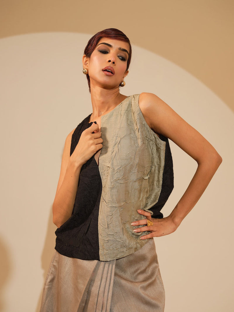 Stream CB Top-Taupe + Black crushed silk top/shirt by Stoique in taupe, black for women in Singapore