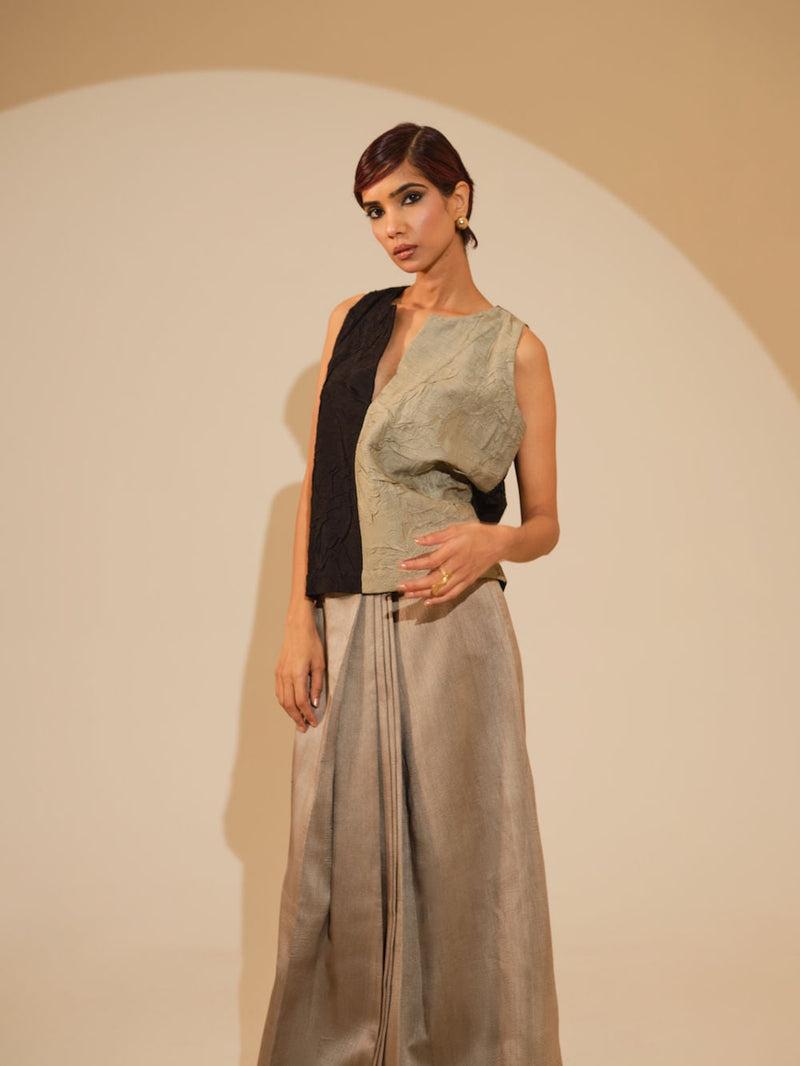 Stream CB Top-Taupe + Black crushed silk top/shirt by Stoique in taupe, black for women in Singapore