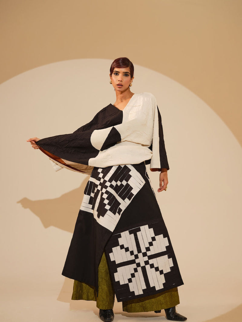Ember Skirt-Black + Natural crushed cotton skirt by Stoique in black, natural for women in Singapore