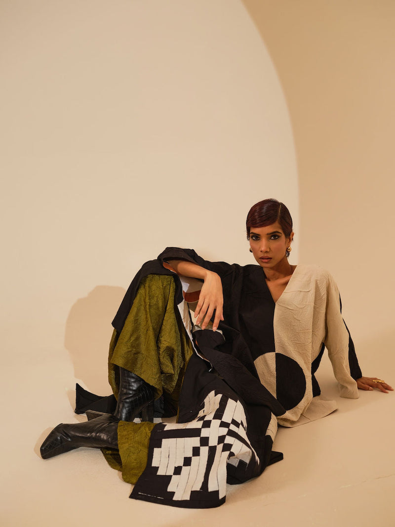 Trace Top-Black + Natural crushed cotton top/shirt by Stoique in black, natural for women in Singapore