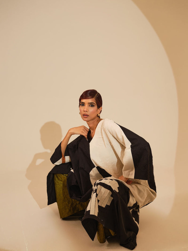 Ember Skirt-Black + Natural crushed cotton skirt by Stoique in black, natural for women in Singapore