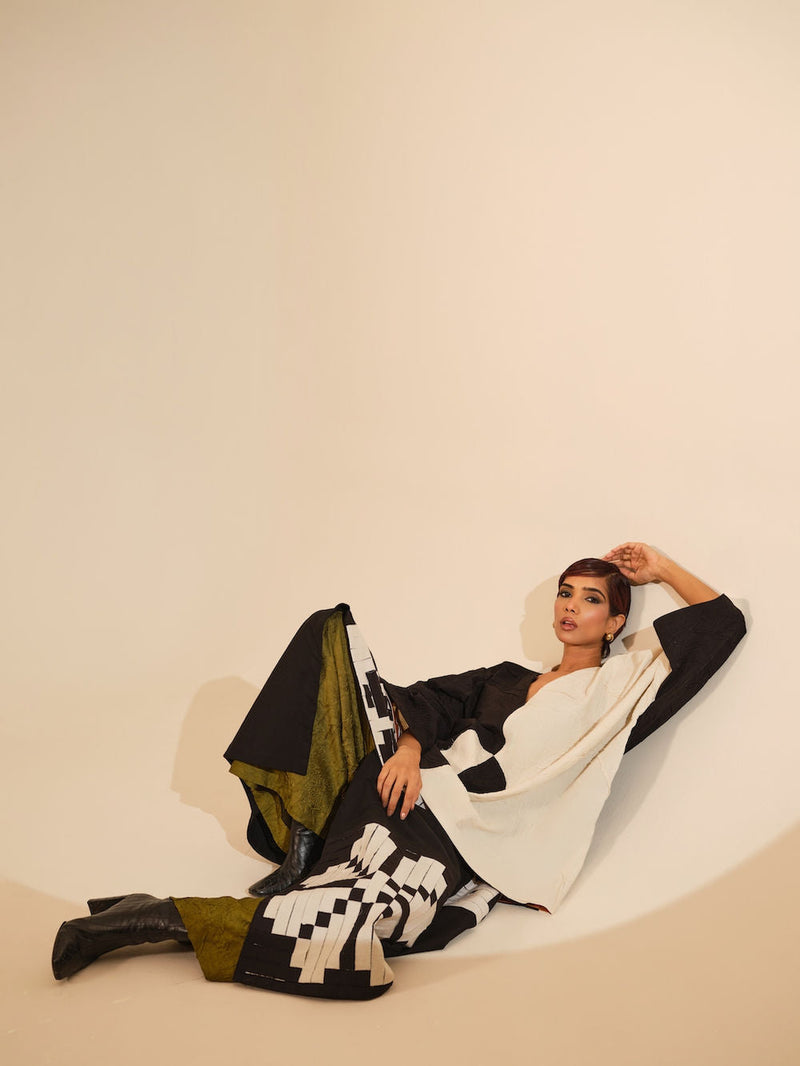 Trace Top-Black + Natural crushed cotton top/shirt by Stoique in black, natural for women in Singapore