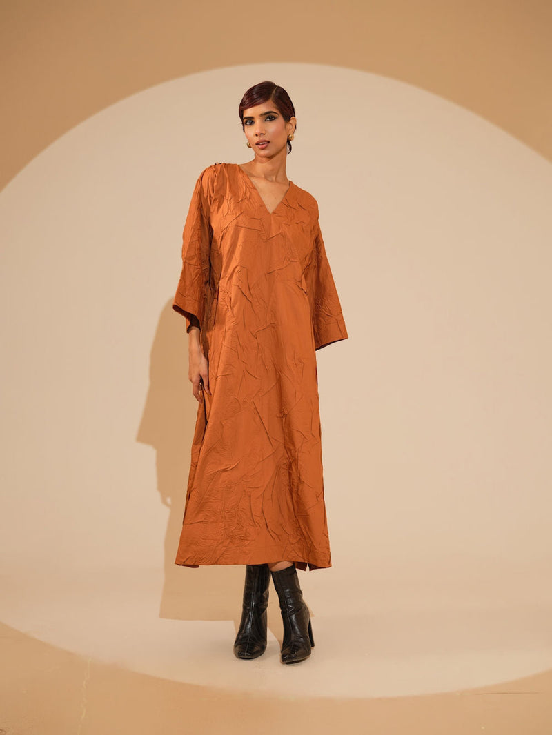Flow Dress-Rust Orange + Black + Blue crushed cotton dress by Stoique in rust orange, black, blue for women in Singapore