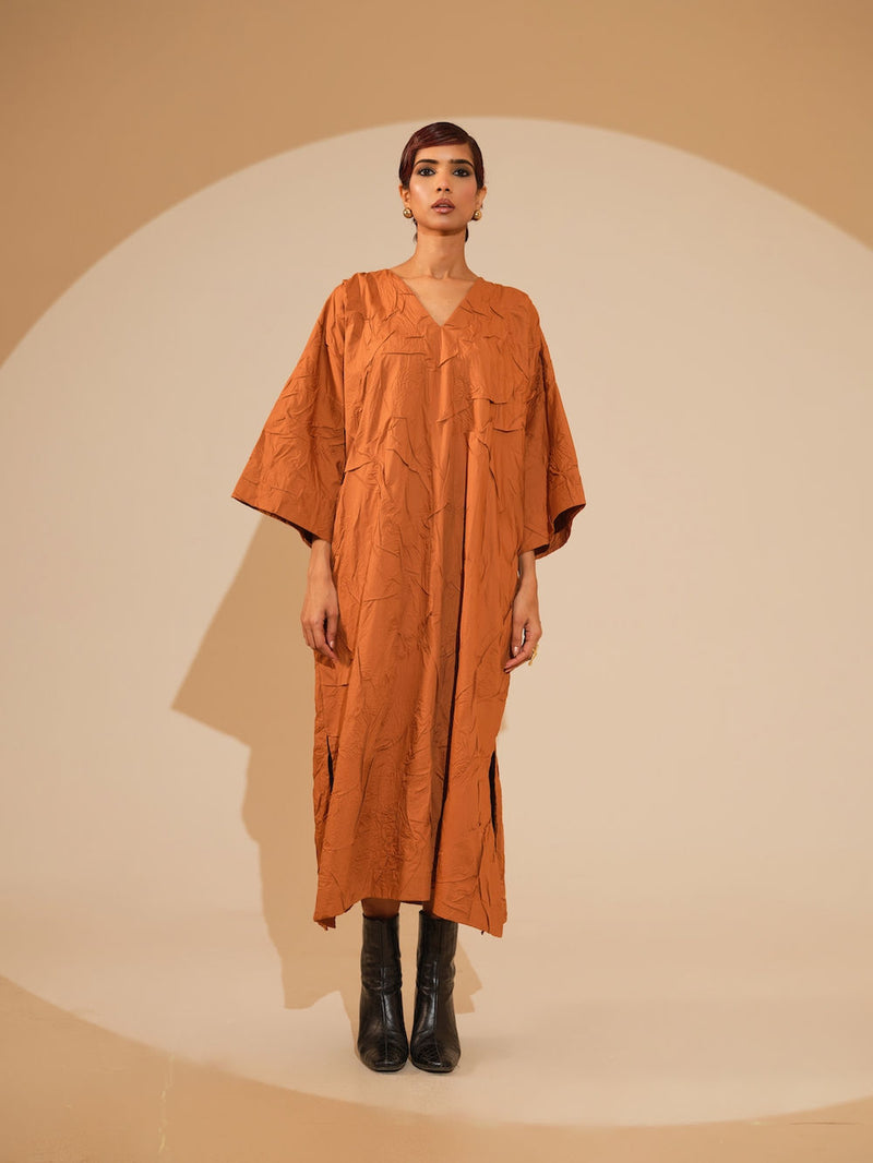 Flow Dress-Rust Orange + Black + Blue crushed cotton dress by Stoique in rust orange, black, blue for women in Singapore
