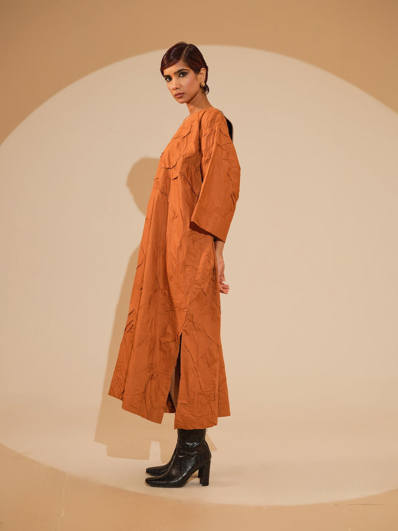 Flow Dress-Rust Orange + Black + Blue crushed cotton dress by Stoique in rust orange, black, blue for women in Singapore