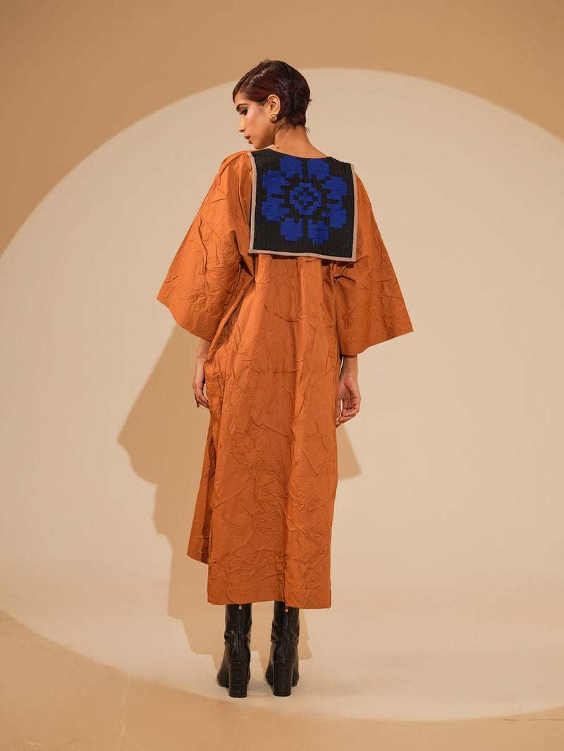 Flow Dress-Rust Orange + Black + Blue crushed cotton dress by Stoique in rust orange, black, blue for women in Singapore